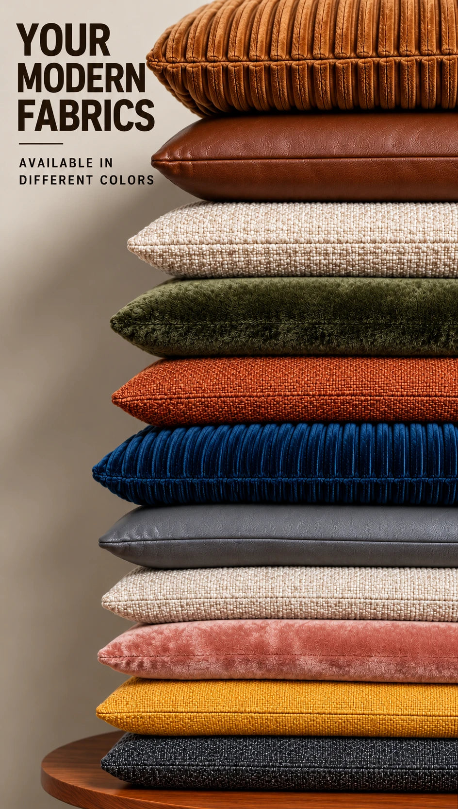 A tall stack of cushions in different fabrics and colours, from rust corduroy and tan leather to olive velvet, navy corduroy and mustard weave, with the words Your Modern Fabrics, available in different colours.