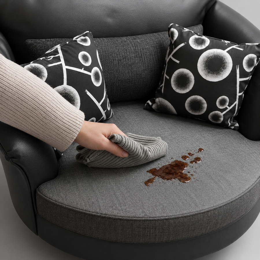 A hand wiping a spill from a grey sofa