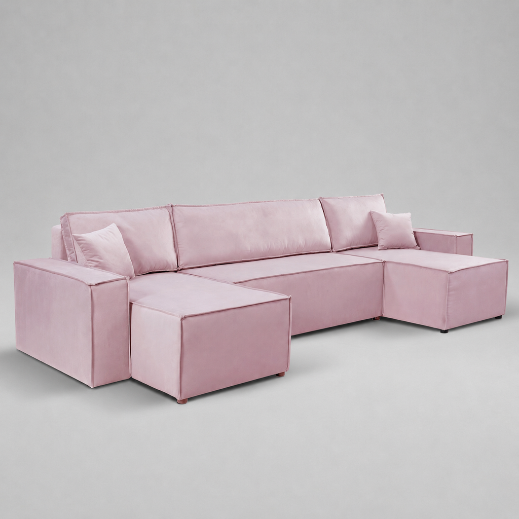 Pati Sofabed, U Corner, Plush Fabric, Pastel Pink
