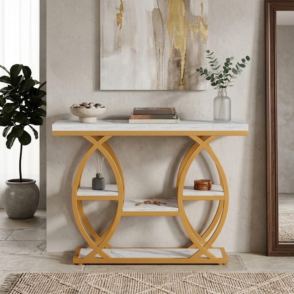 Console Table - White Marble and Gold
