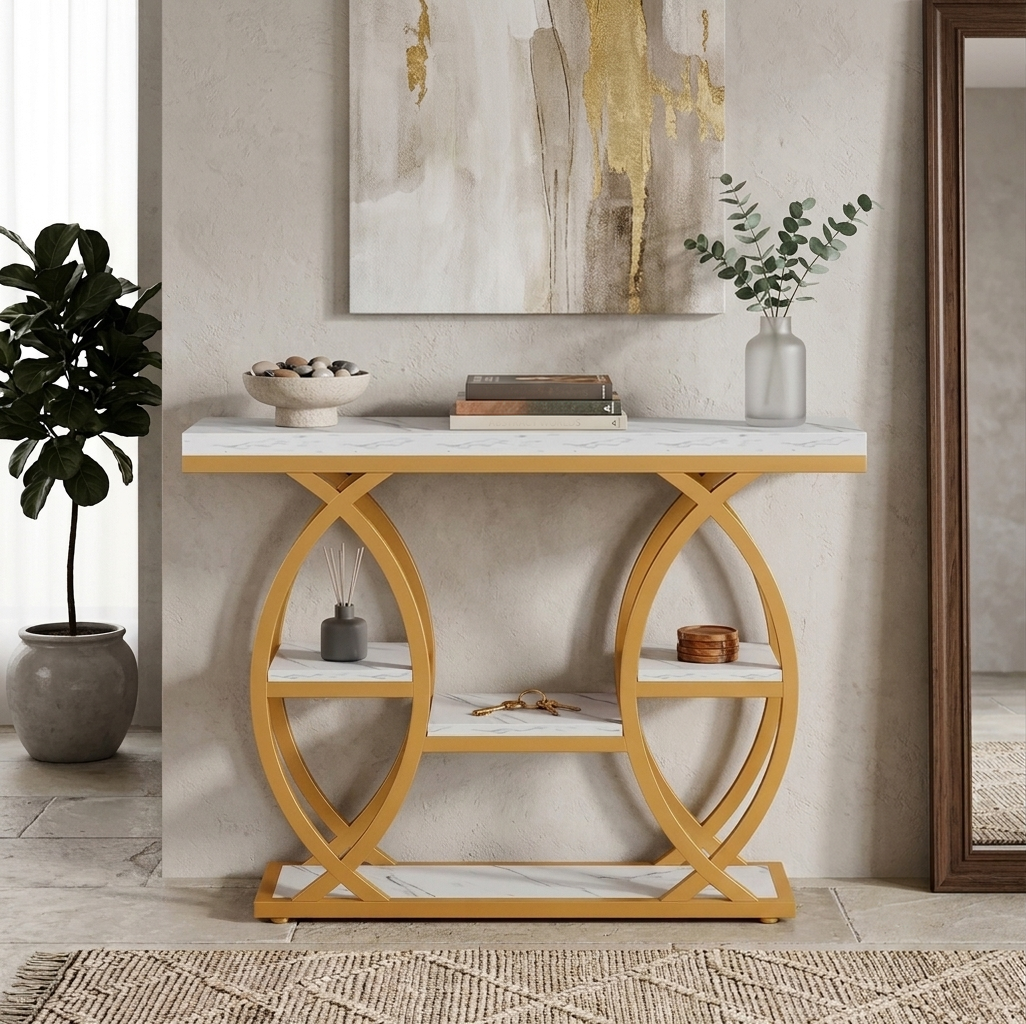 Console Table - White Marble and Gold
