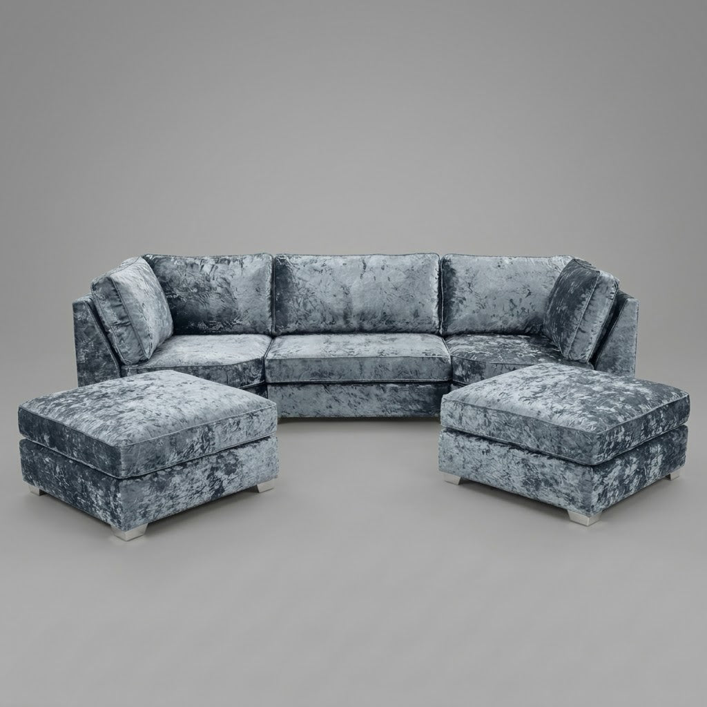 Pickford, U-Shape Corner Sofa, Crushed Velvet Fabric, Denim Blue