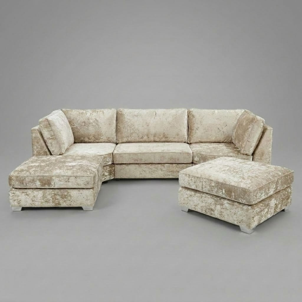 Pickford, U-Shape Corner Sofa, Crushed Velvet Fabric, Cream