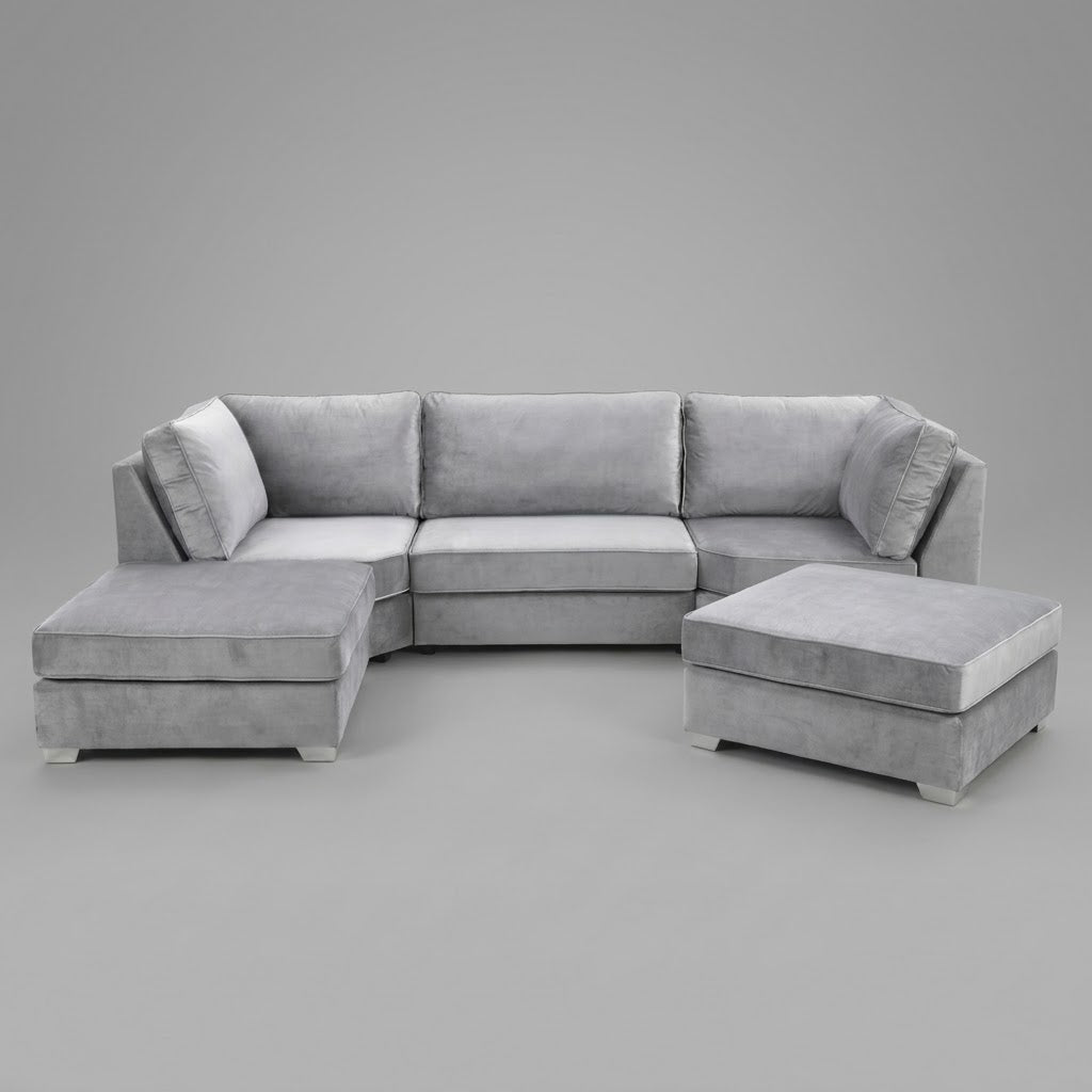 Pickford U-Shape Sofa, Plush Soft Velvet, Silver