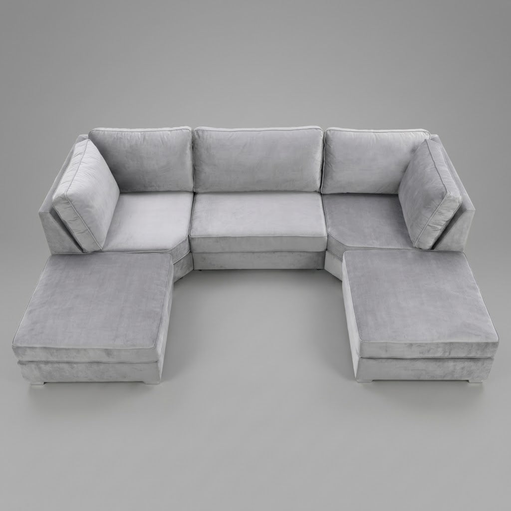 Pickford U-Shape Sofa, Plush Soft Velvet, Silver