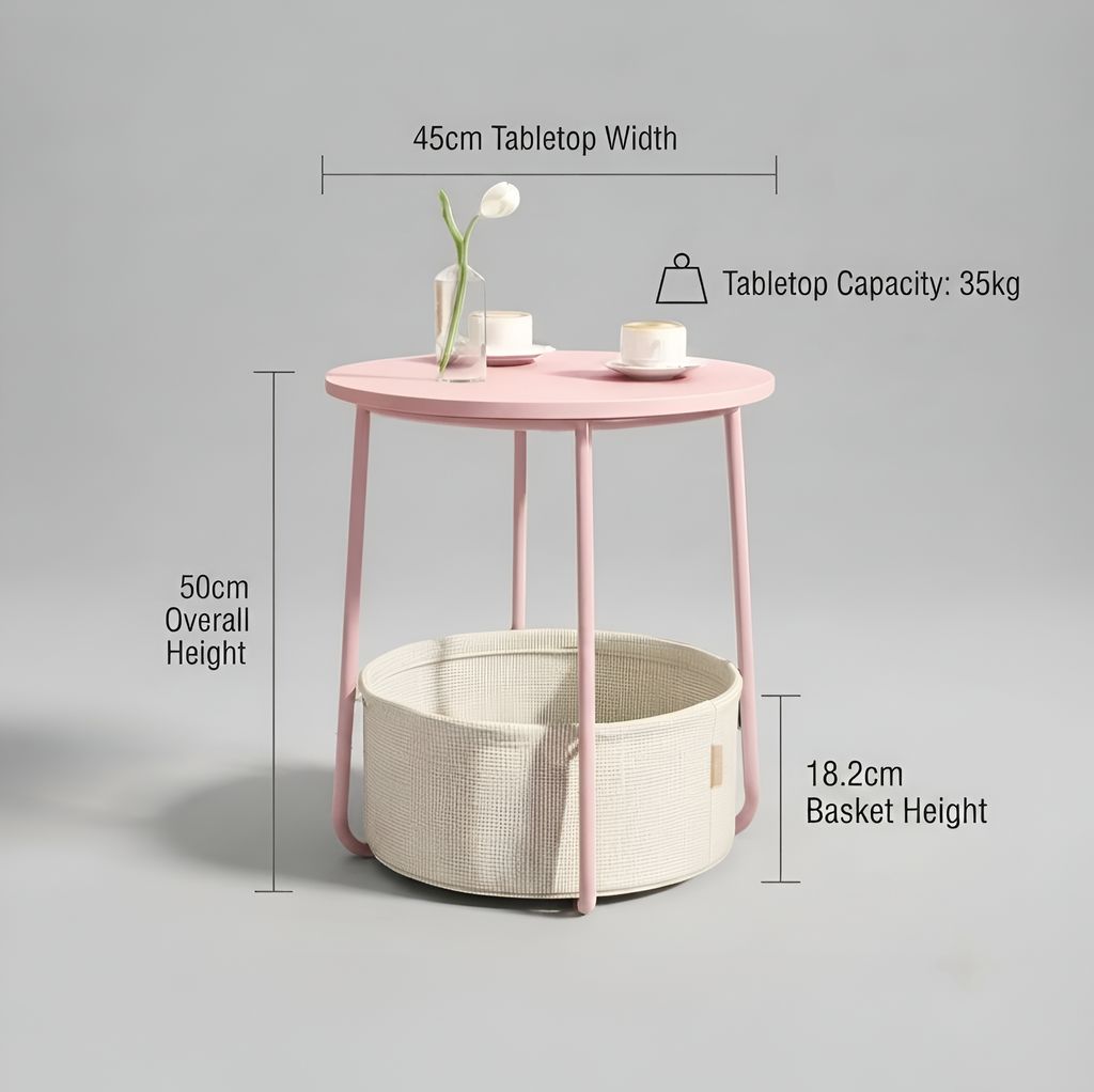 Pink End Table with Fabric Basket