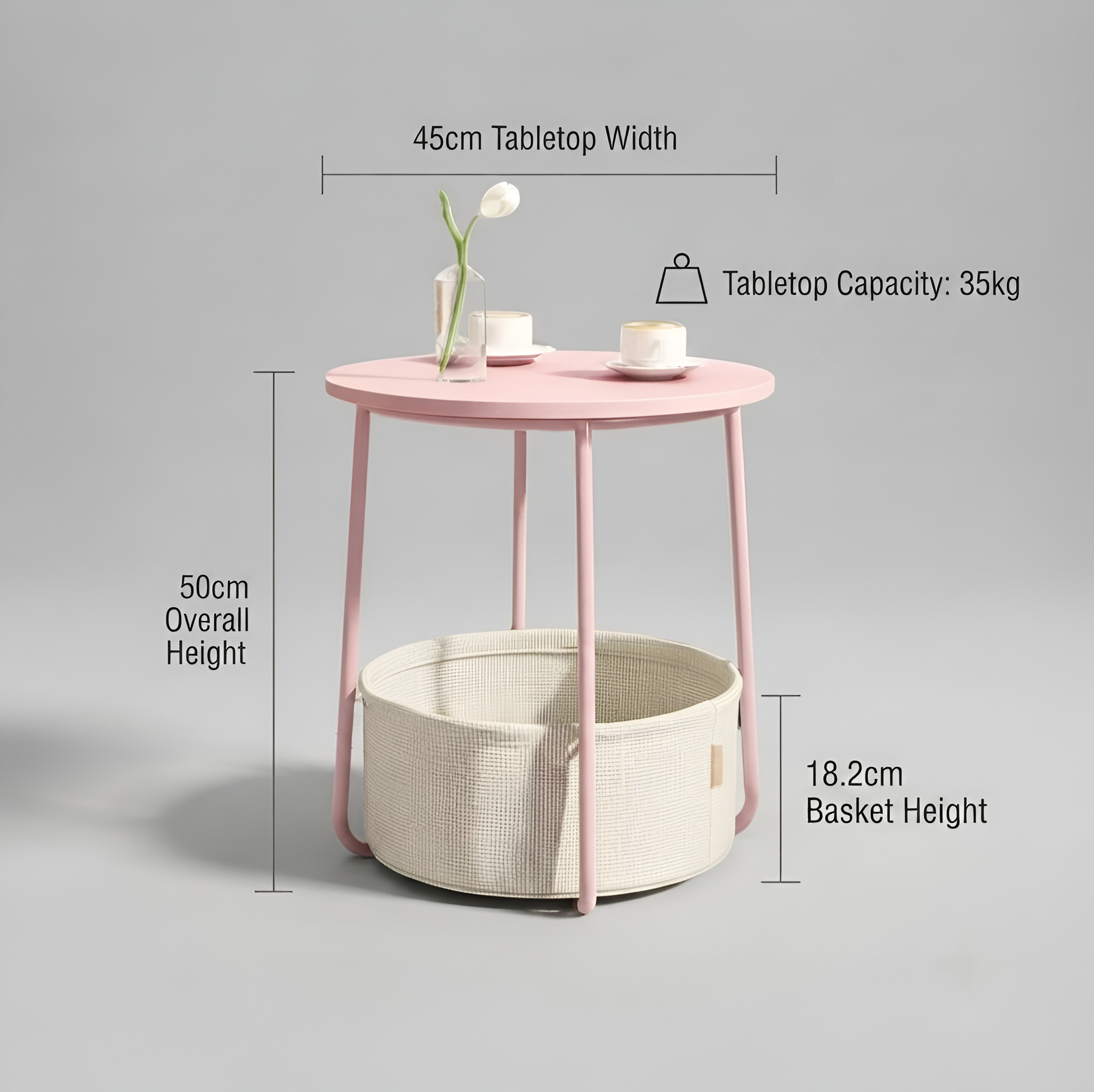 Pink End Table with Fabric Basket