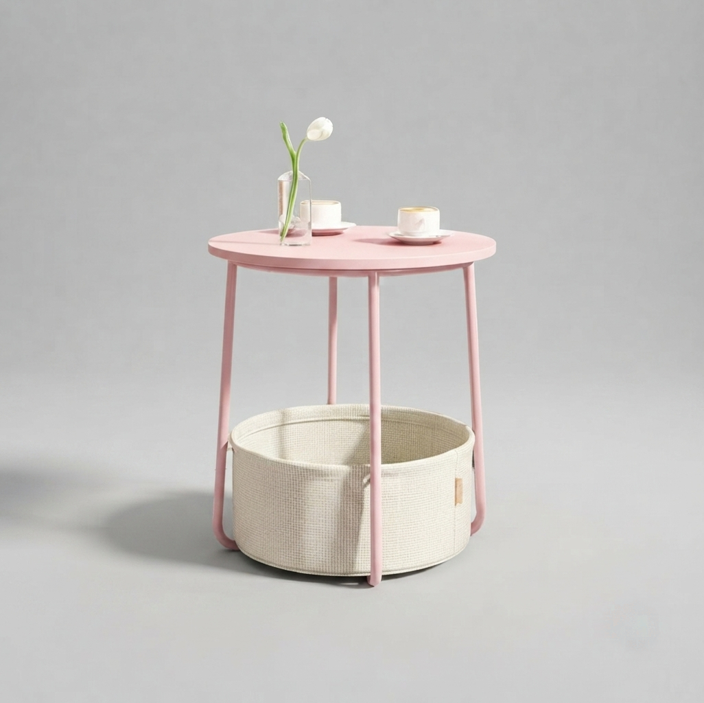 Pink End Table with Fabric Basket