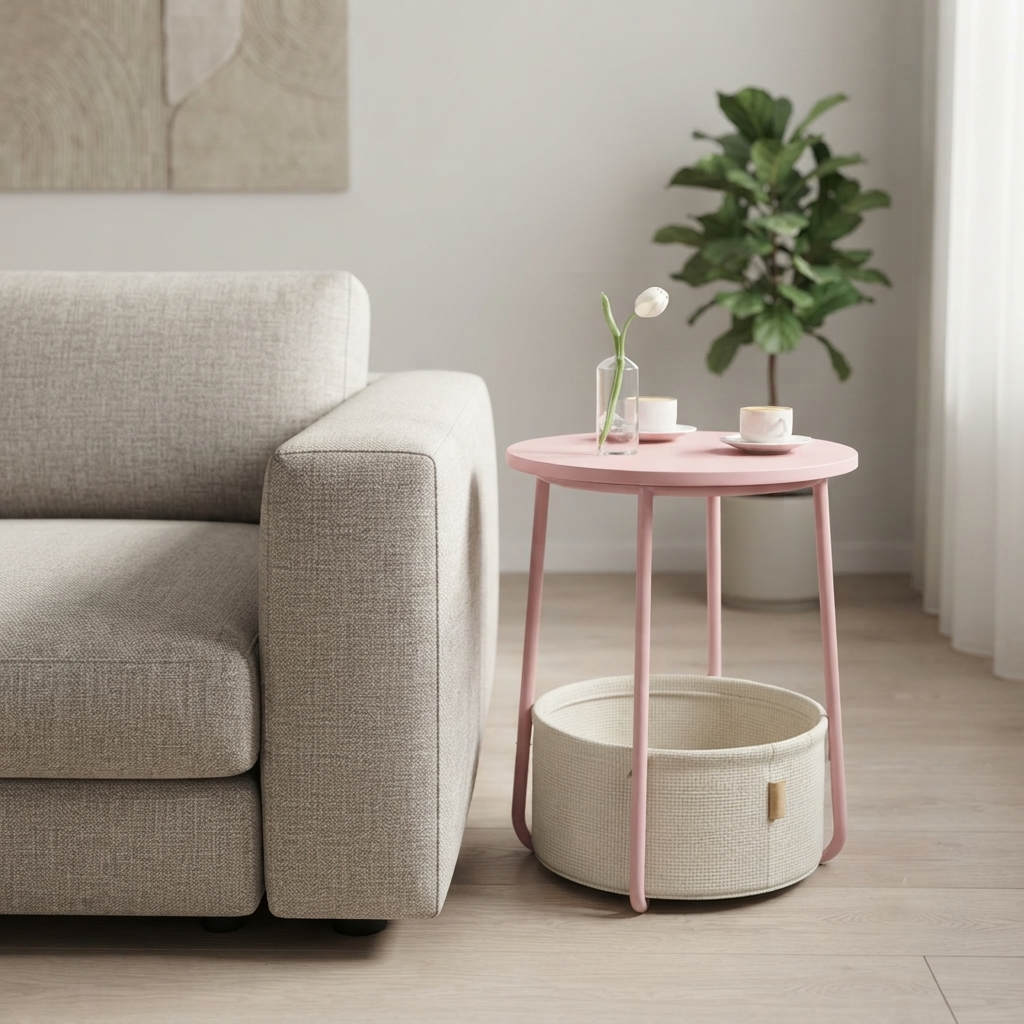 Pink End Table with Fabric Basket