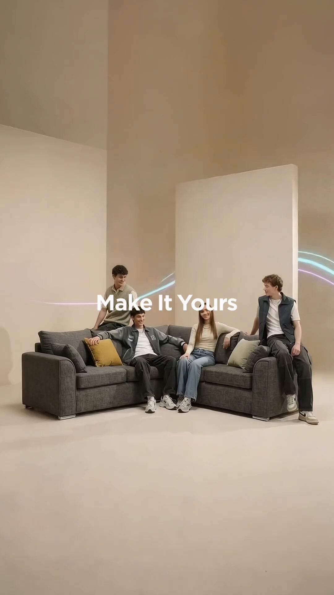 Sofa Pack corner sofas in a range of fabrics and colours, with people relaxing on them