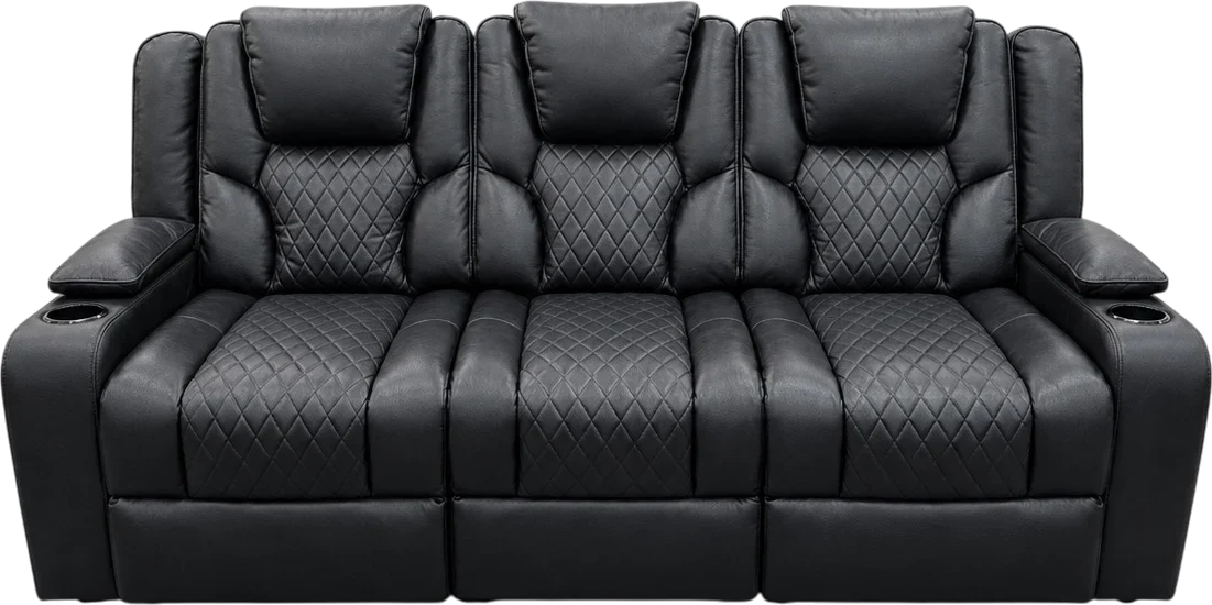 A black three-seater recliner sofa with quilted seats and cup holders